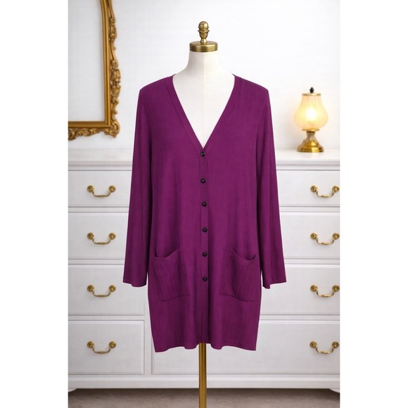 Chico's Sweaters - NEW‎ Chico's Ribbed Long Cardigan Sweater Blooming Dahlia Fuchsia Pockets 3 XL